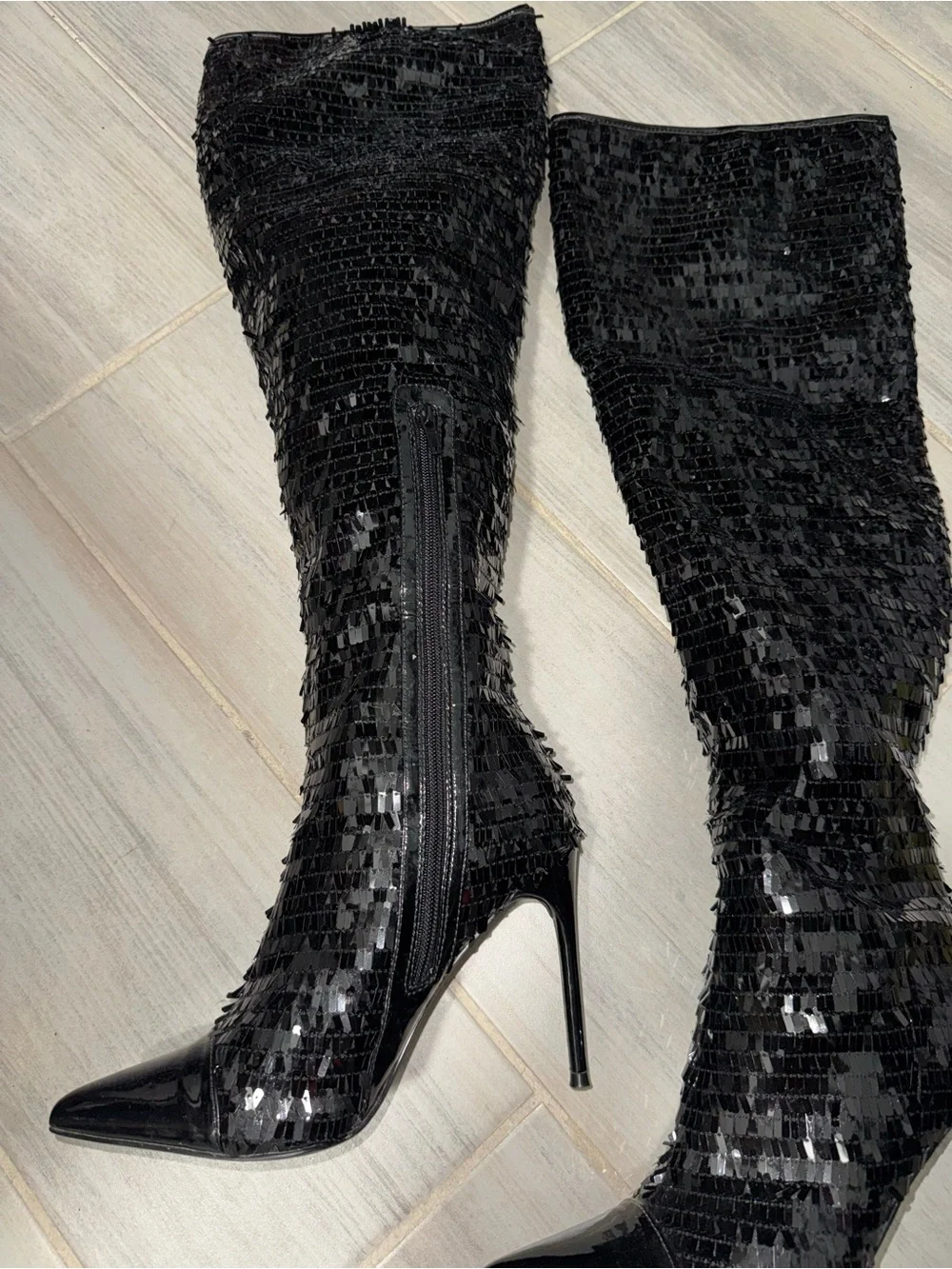 Black Sequins Knee-High Stiletto Heel Boot